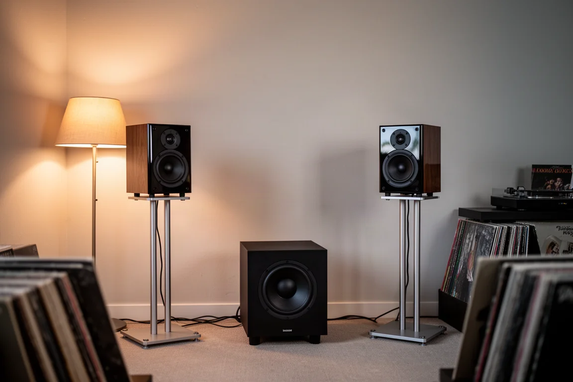 Small listening room with bookshelf speakers on stands and a subwoofer at dusk