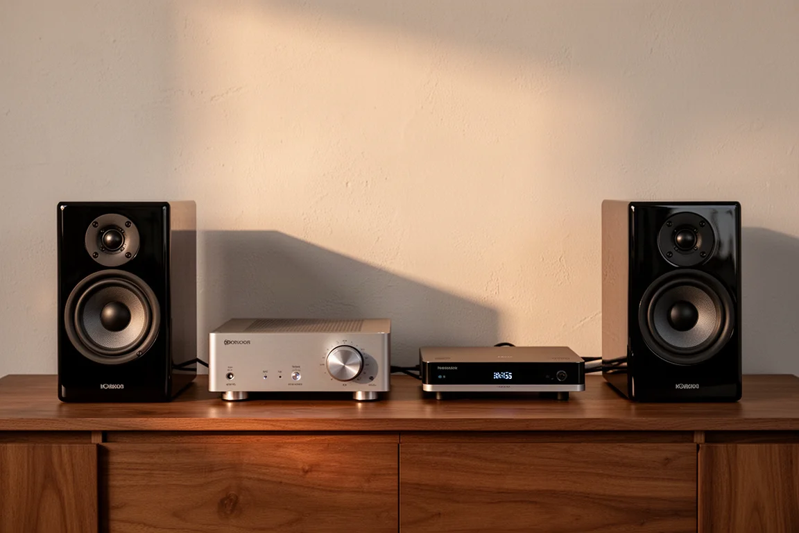 Compact hi-fi system with an amplifier and two glossy bookshelf speakers on a console
