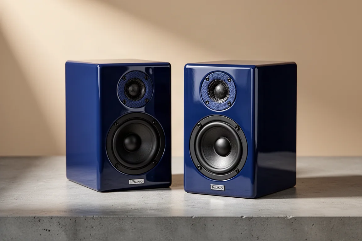 Pair of blue piano gloss Philharmonic True Mini bookshelf speakers on a concrete surface