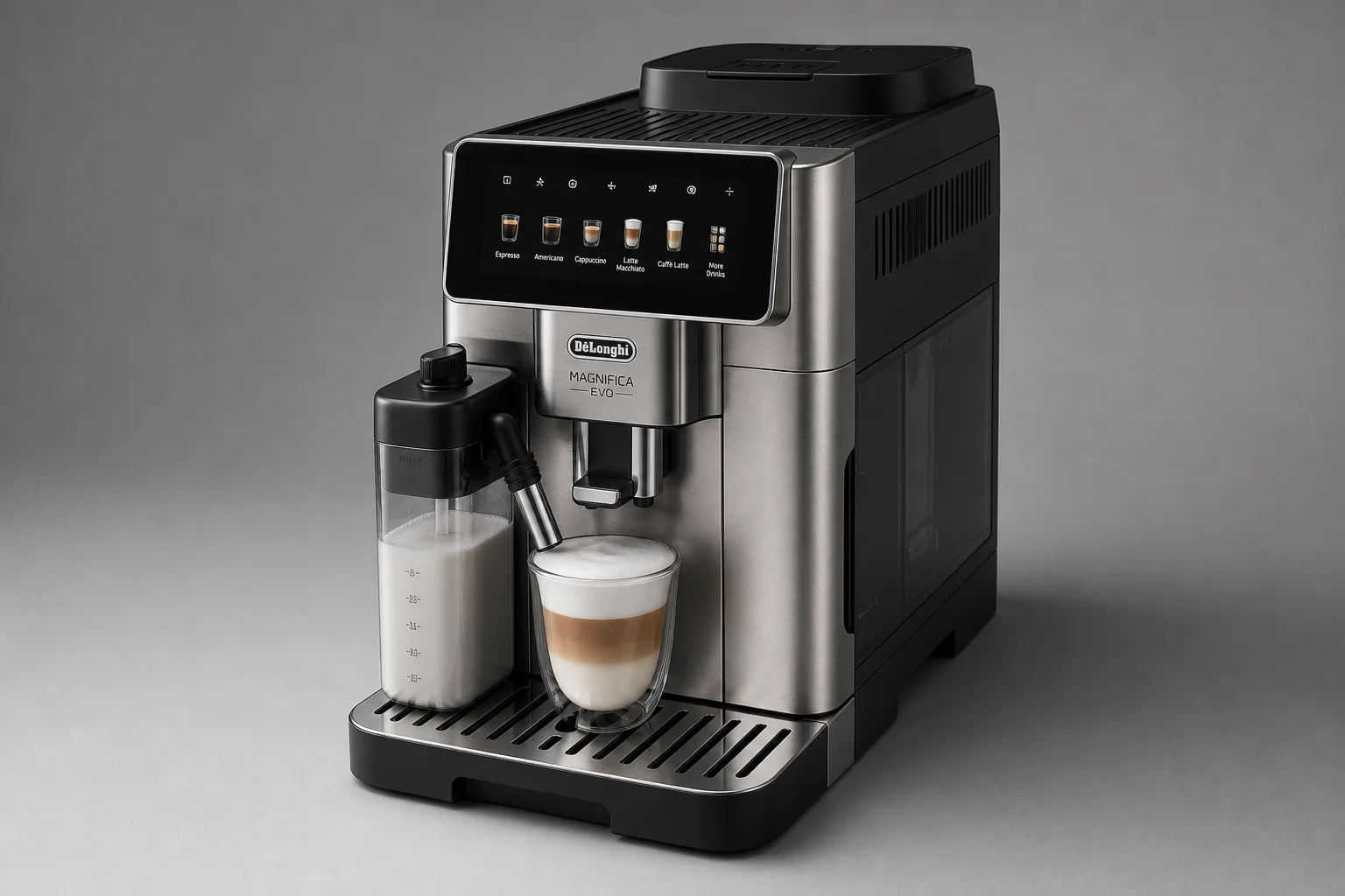 Five super automatic espresso machines displayed in a row on concrete surface
