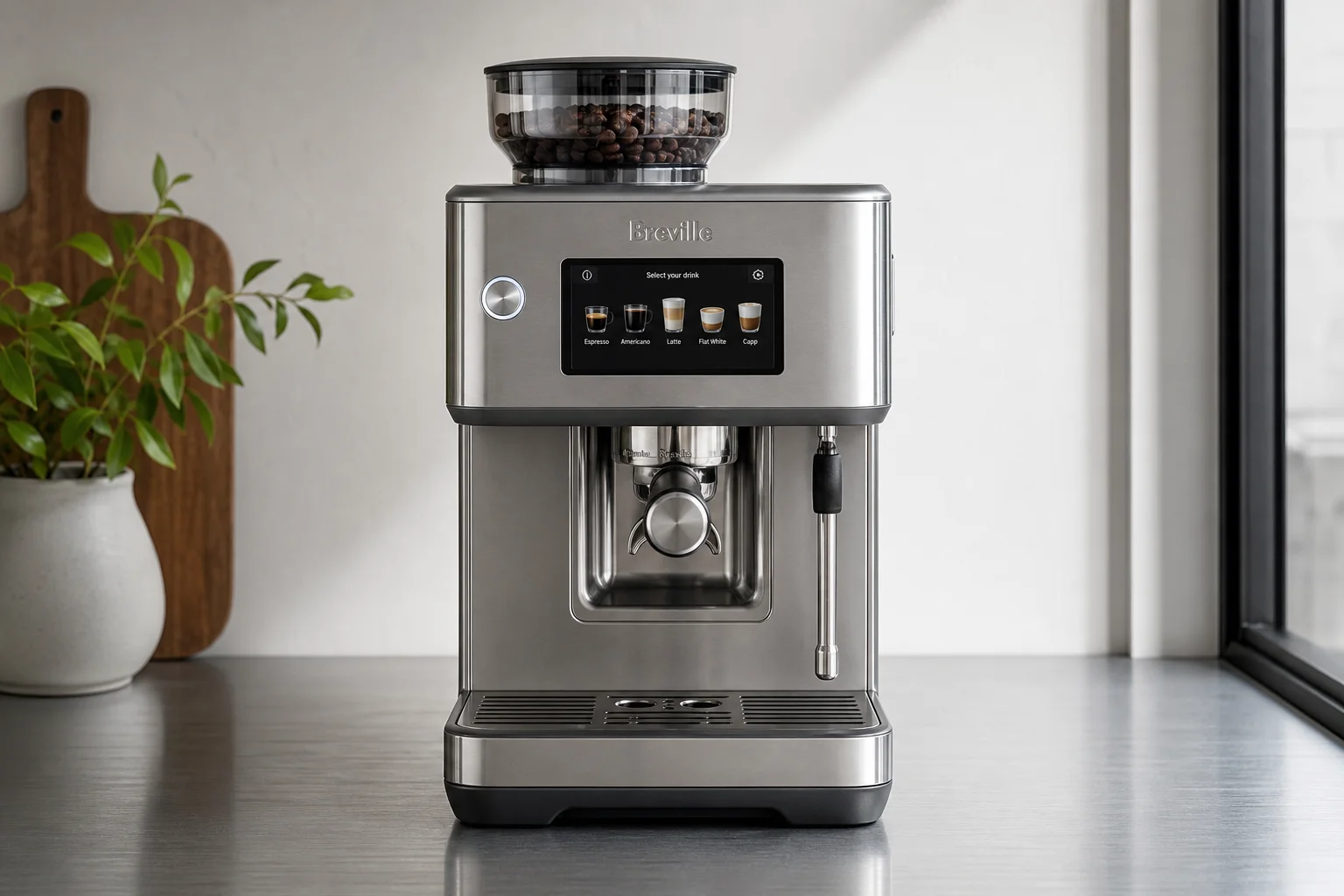 Five espresso machines arranged by size from compact to professional on concrete surface