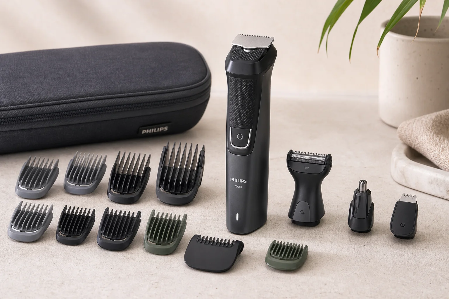 Five professional beard and hair trimmers arranged on concrete surface