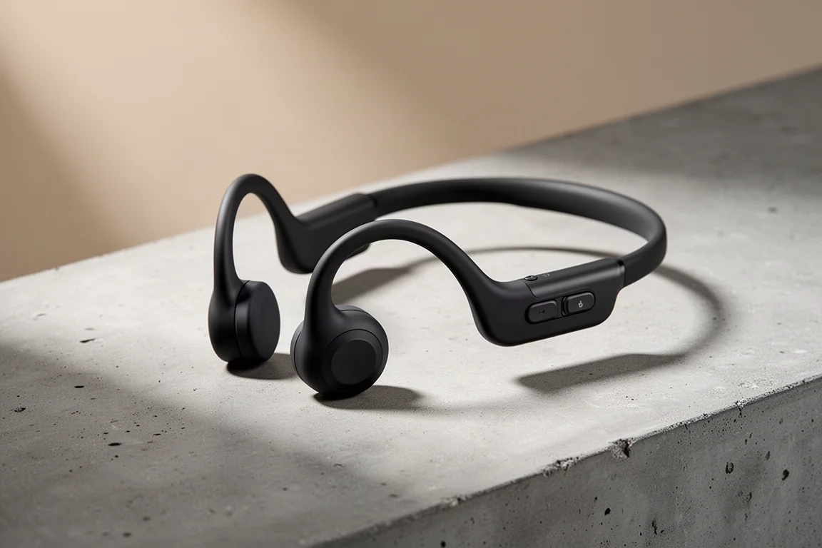 Philips bone conduction sports headphones with neckband design on concrete surface