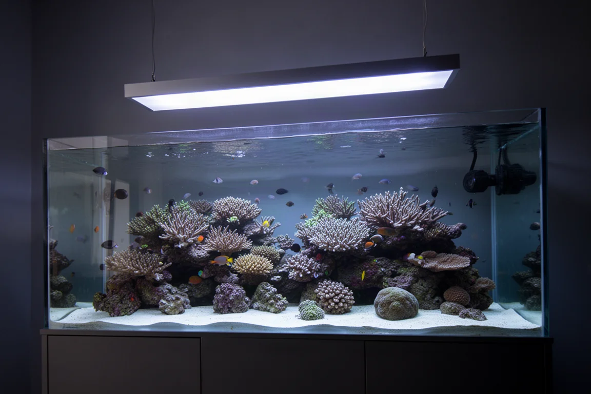 Vaste aquarium récifal mixte éclairé par un panneau fin suspendu dans une pièce sombre