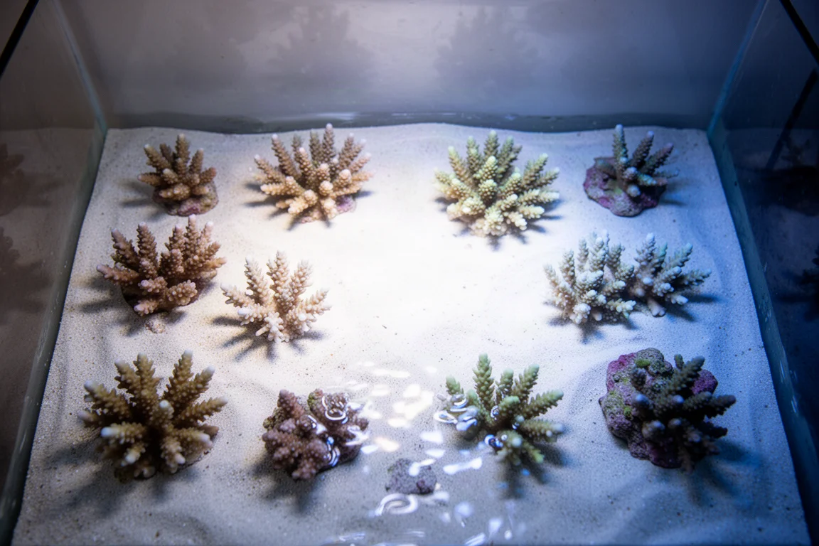 Vue de dessus d'une lumière diffuse et homogène se répandant sur un aquarium récifal peu profond