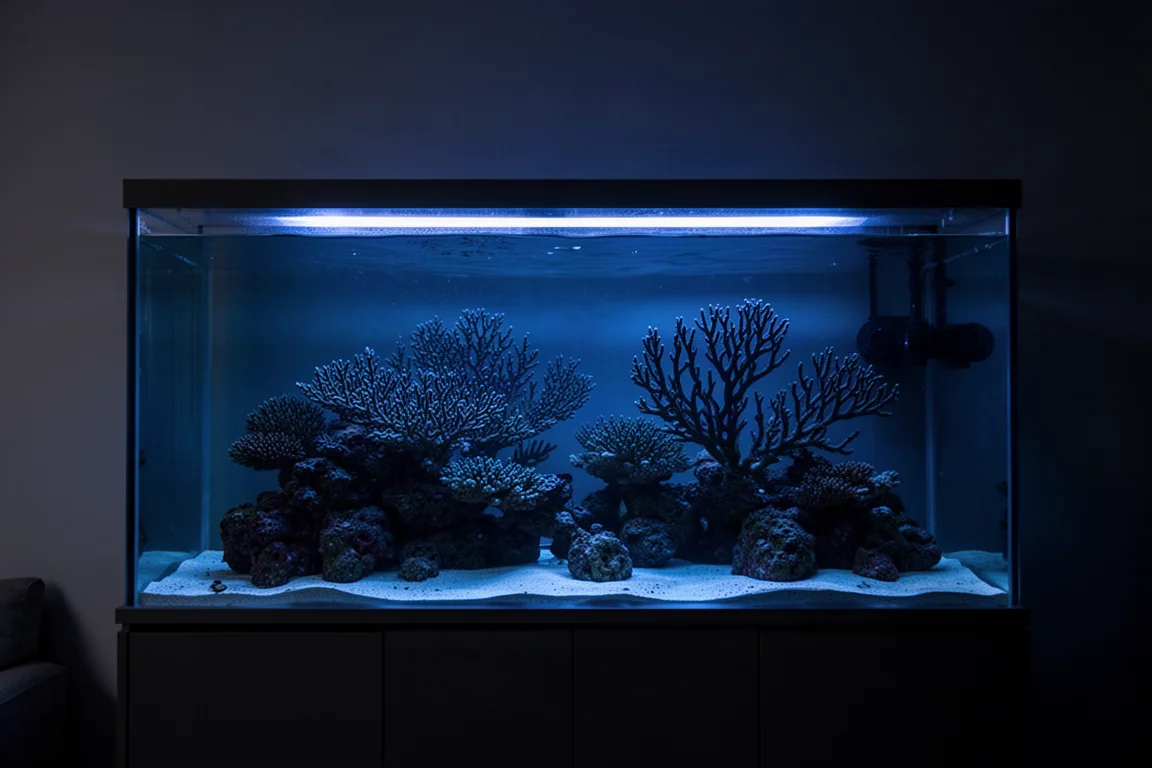 Aquarium récifal baignant dans un bleu profond la nuit dans une pièce sombre