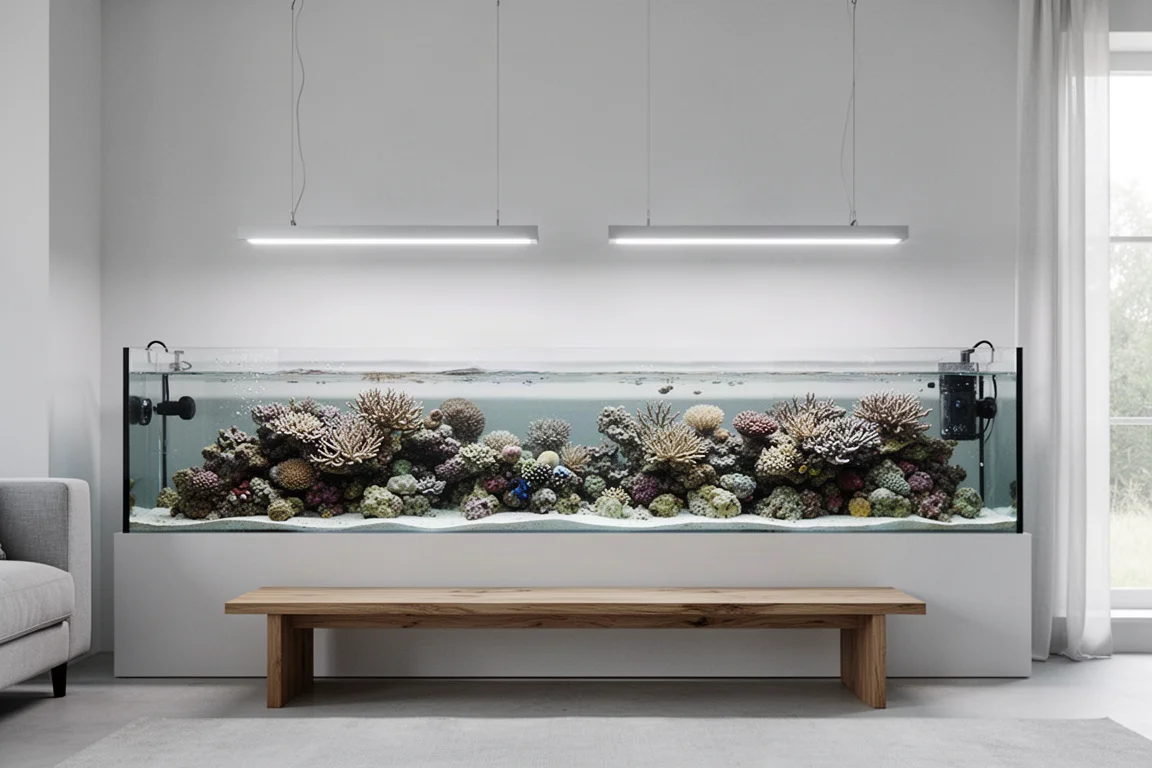 Long aquarium récifal peu profond sous deux panneaux lumineux suspendus dans un salon