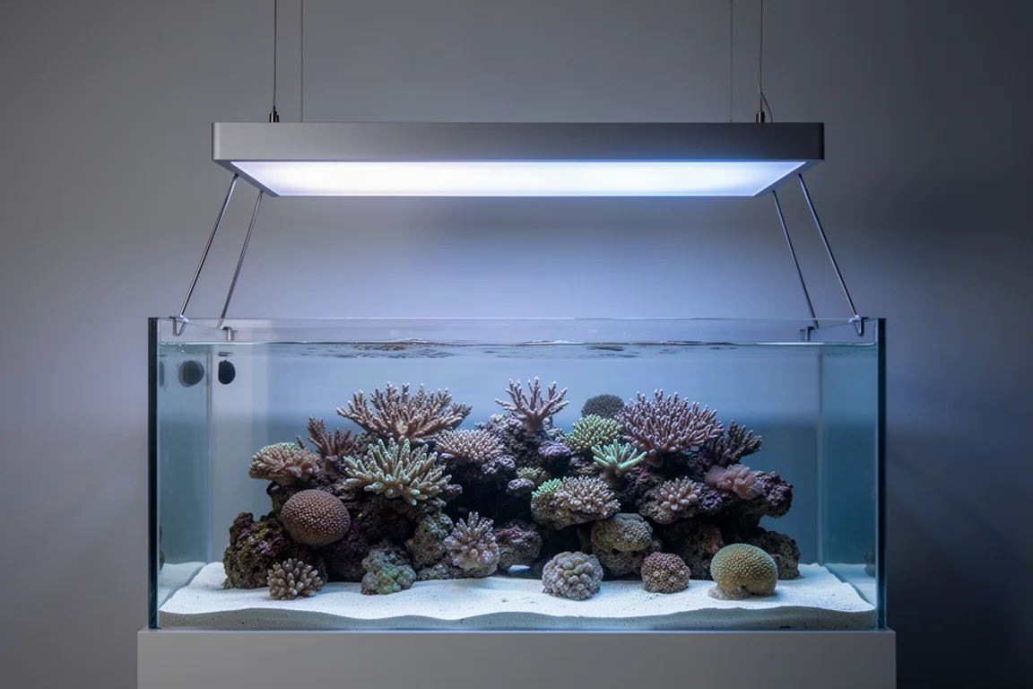Revakvarium jämnt upplyst av en platt upphängd LED-panel i ett minimalistiskt rum