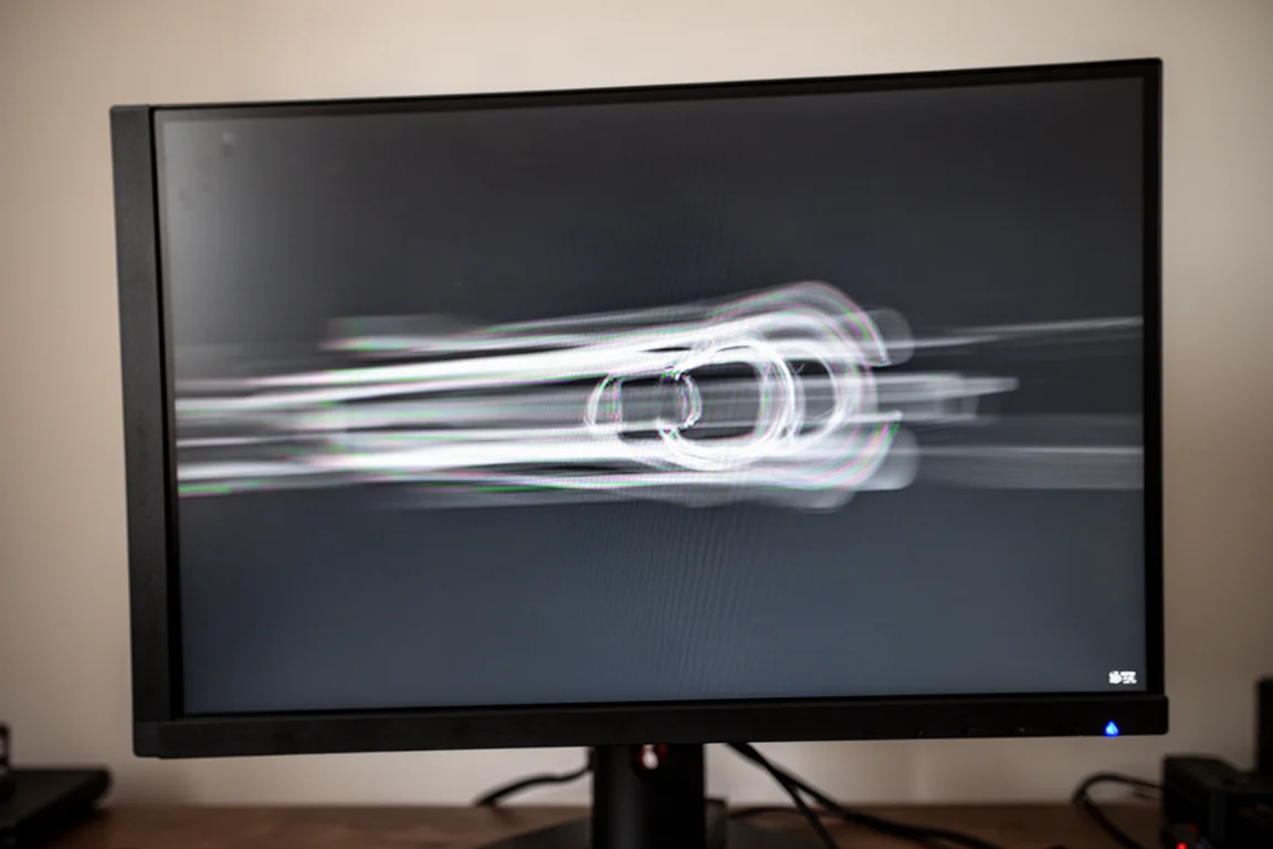 Close-up of a gaming monitor screen showing a fast-moving test pattern with visible ghosting trails