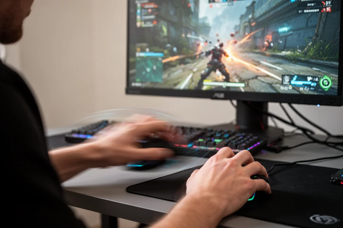 Gamer's hand moving a mouse rapidly across a desk with a monitor in the background