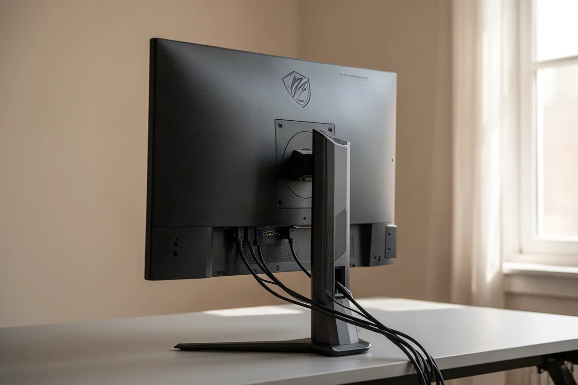 Side view of a gaming monitor showing its ports and cable management