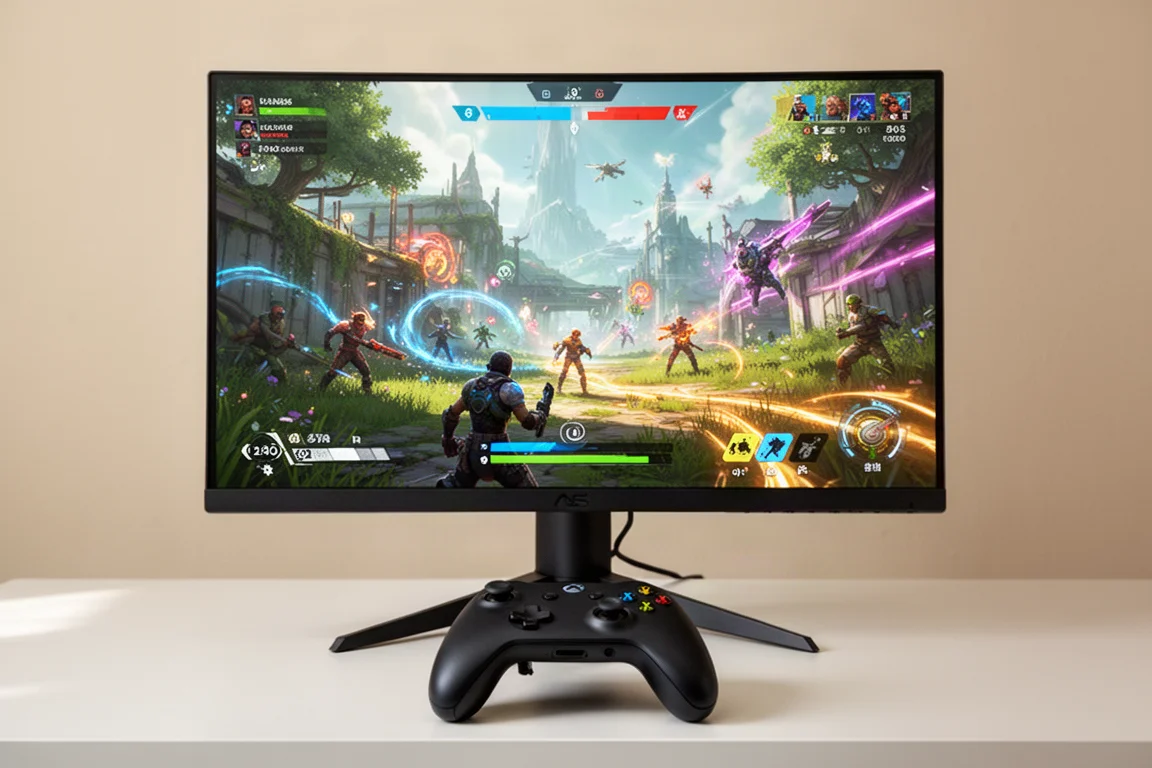 Gaming monitor displaying a vibrant game scene with a controller on the desk in front
