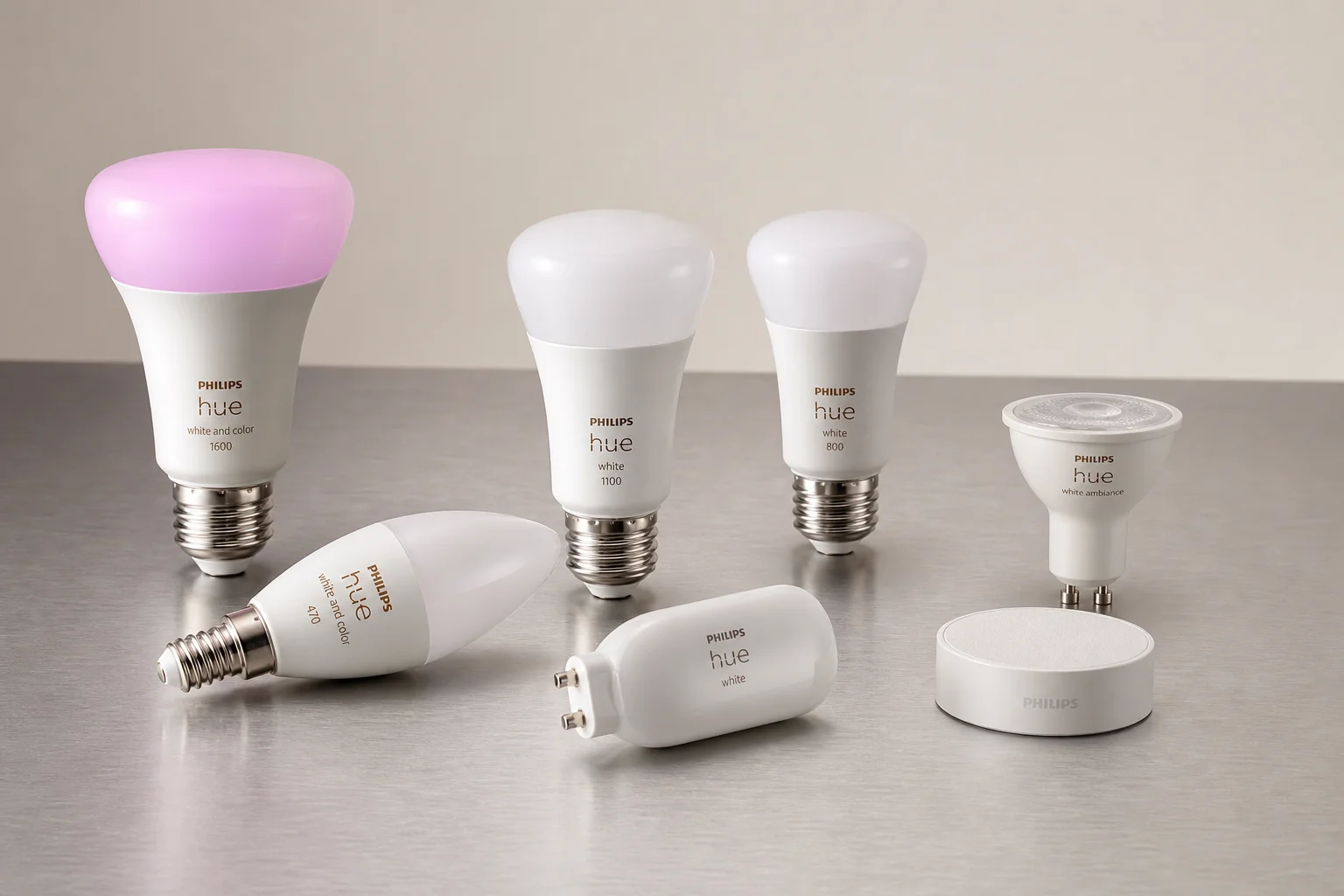 Smart home devices including thermostat, doorbell, lock, bulb, and hub on concrete