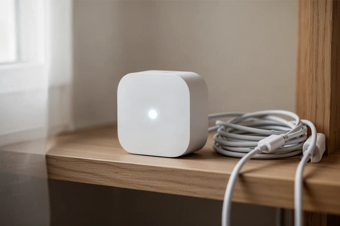 Zbliżenie na mostek Philips Hue ze świecącą diodą wskaźnika na półce