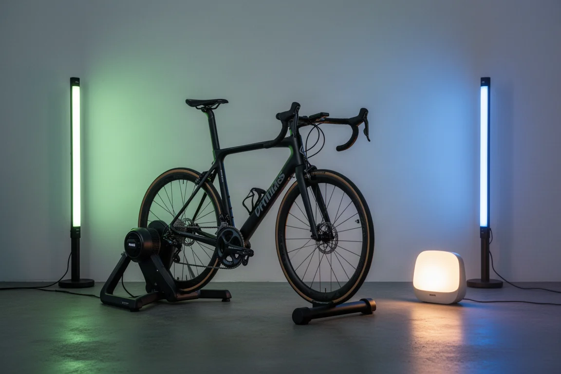 Allestimento di ciclismo indoor con barre luminose Hue e una luce portatile che brilla in una stanza in penombra