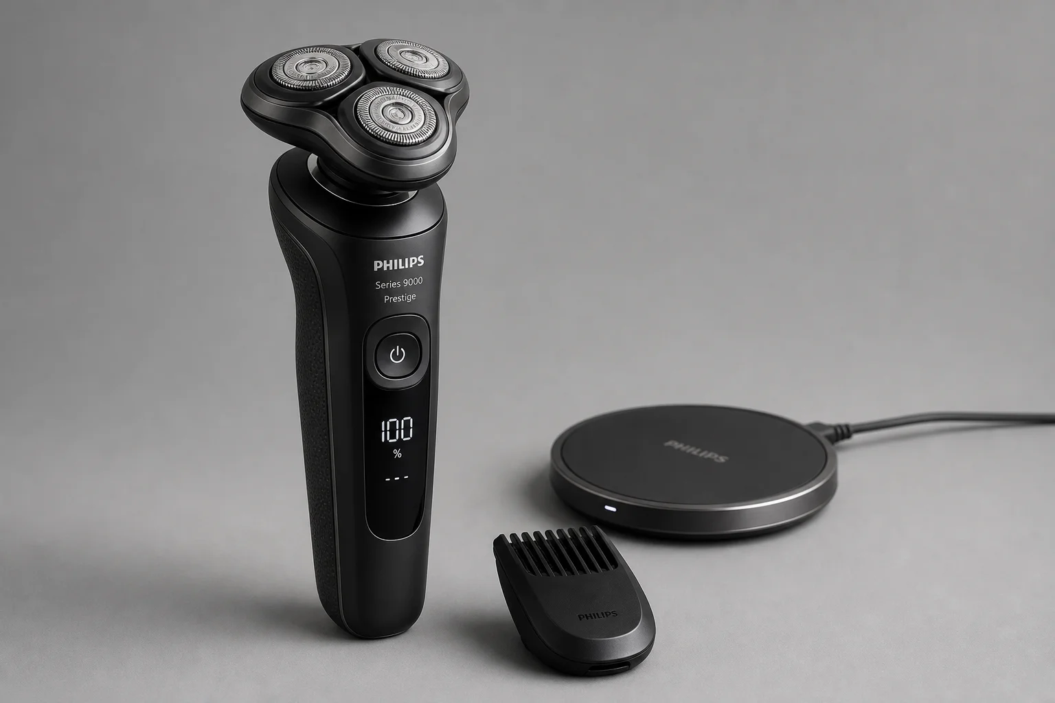 Four Philips shavers from Series 3000 to 9000 Prestige arranged in ascending order on concrete