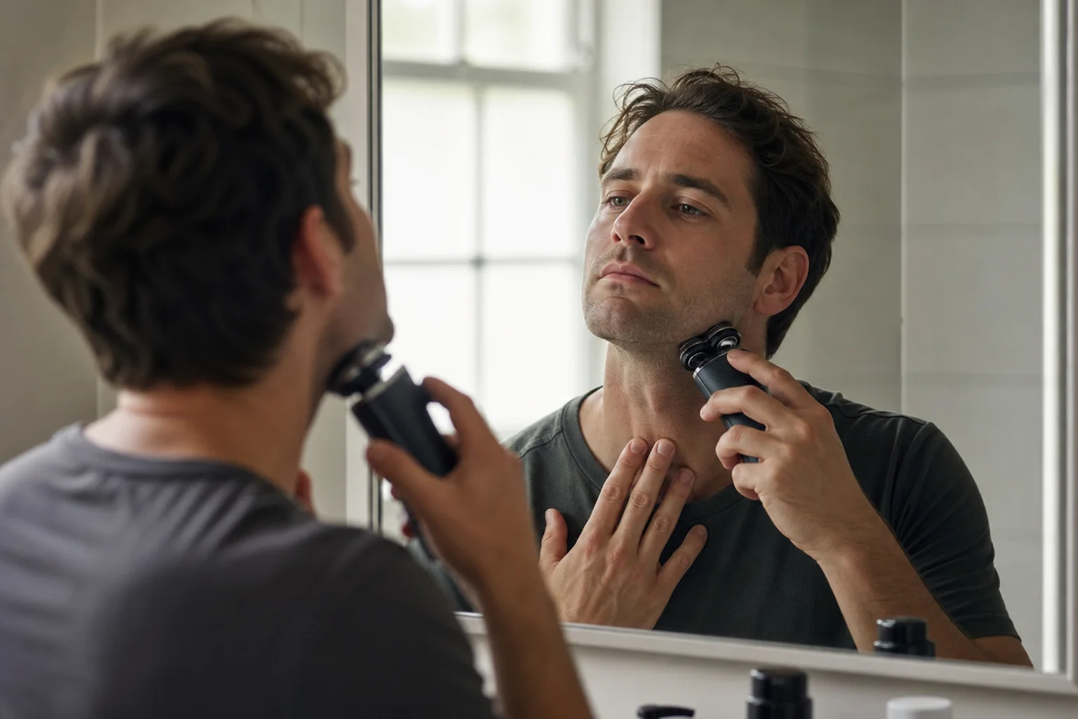 Man using rotary shaver with circular motion technique in bathroom mirror