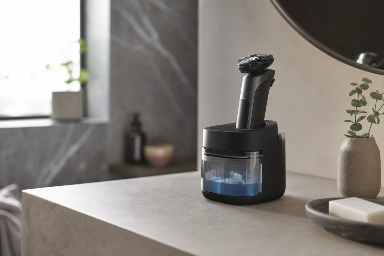 Philips cleaning station with shaver inserted on bathroom counter