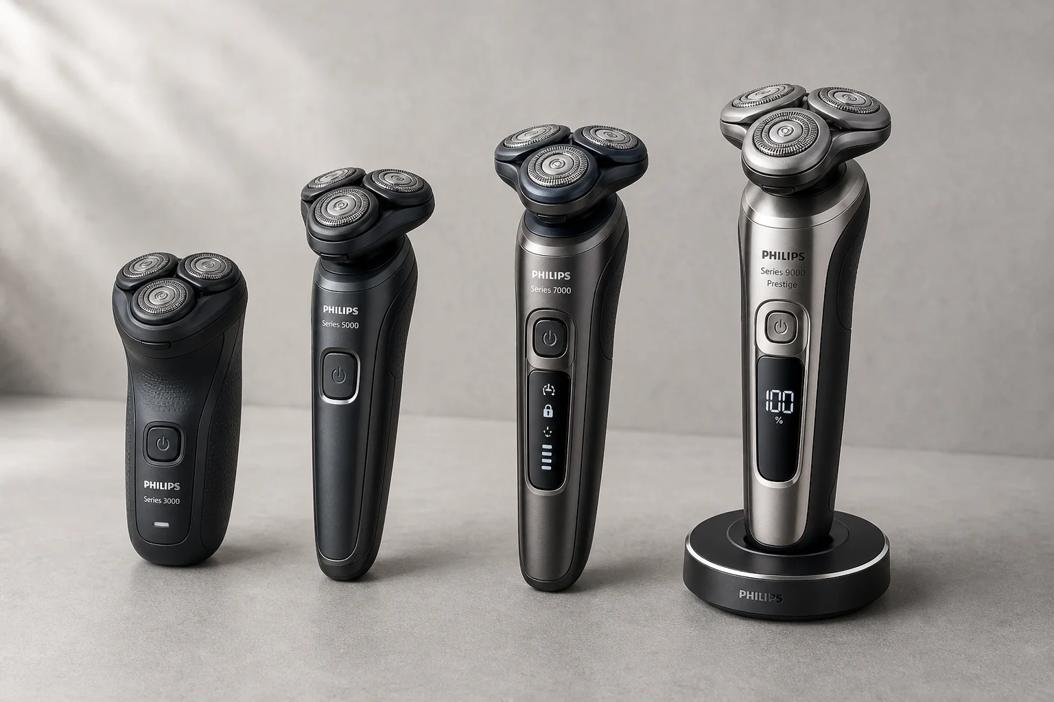 Four Philips shavers from Series 3000 to 9000 Prestige arranged in ascending order on concrete