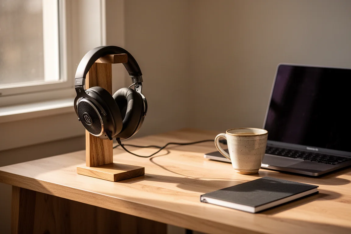 Casque ouvert sur un support en bois à côté d'un ordinateur portable et d'une tasse de café sur un bureau