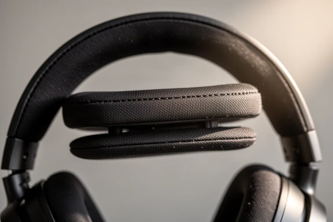 Gros plan sur un arceau de casque montrant une bande rembourrée suspendue sous l'arceau principal