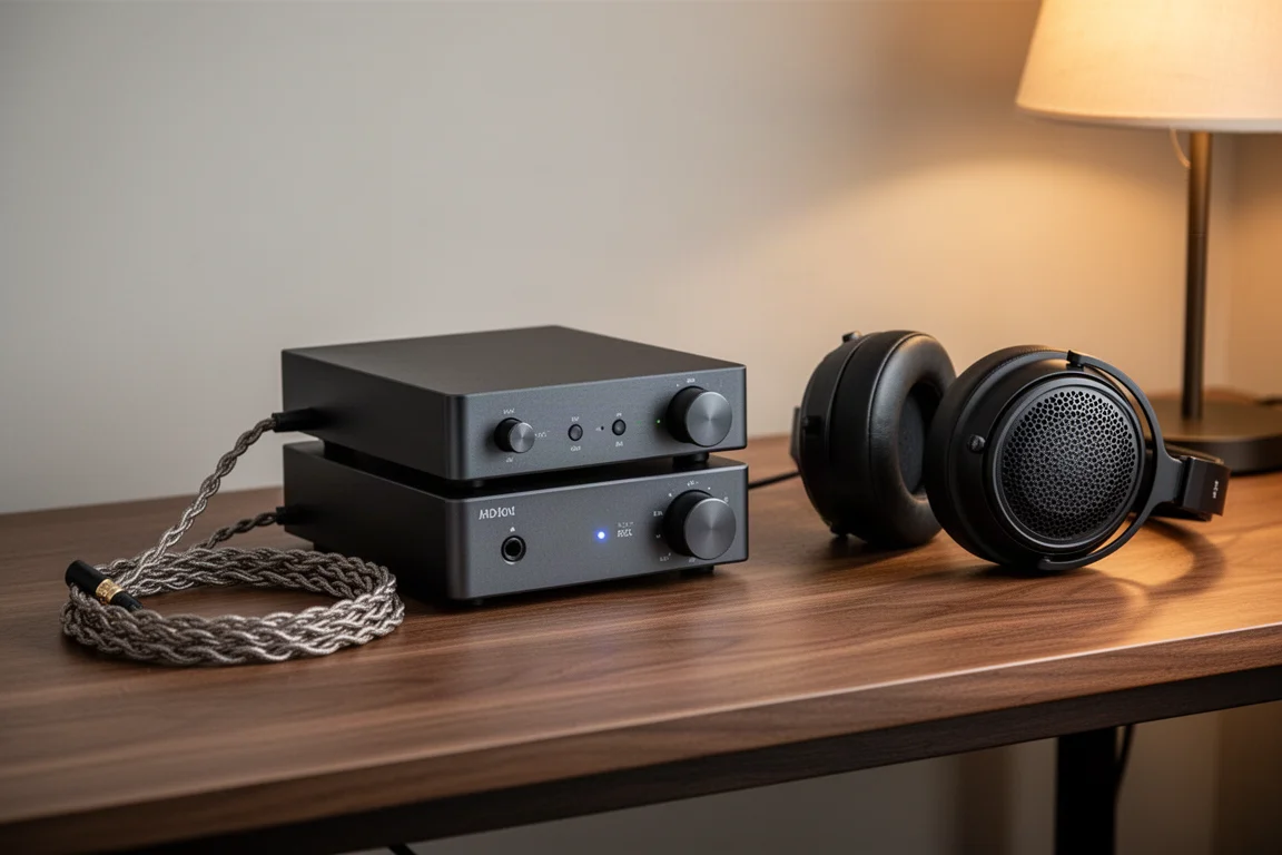 Amplificateur de casque de bureau et DAC empilés sur un bureau en noyer avec câbles et casques