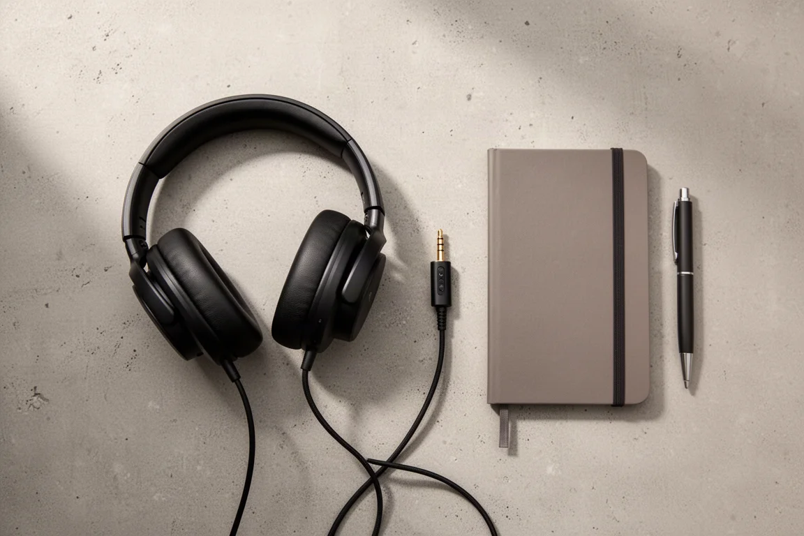 Vue à plat de dessus de casques, d'un adaptateur audio pour téléphone, d'un carnet et d'un stylo sur béton