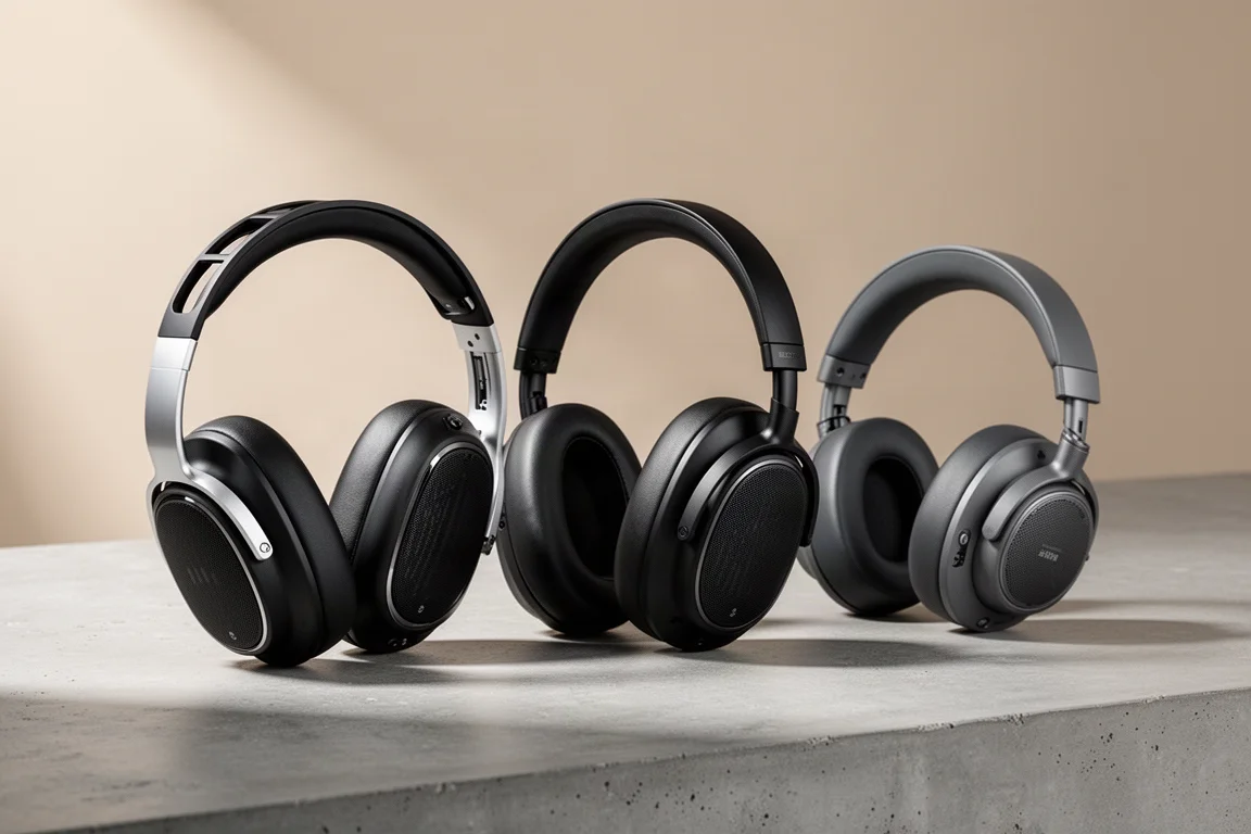 Three pairs of open-back over-ear headphones arranged in a row on a concrete surface