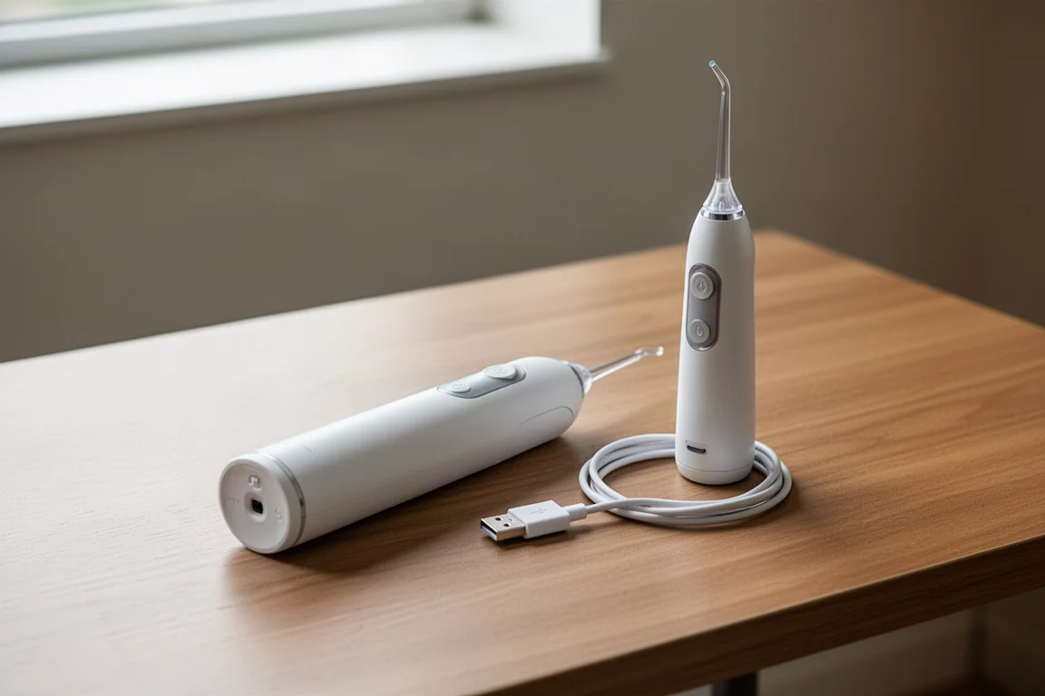 水牙線機充電線放在桌上,採用專用 USB 接頭