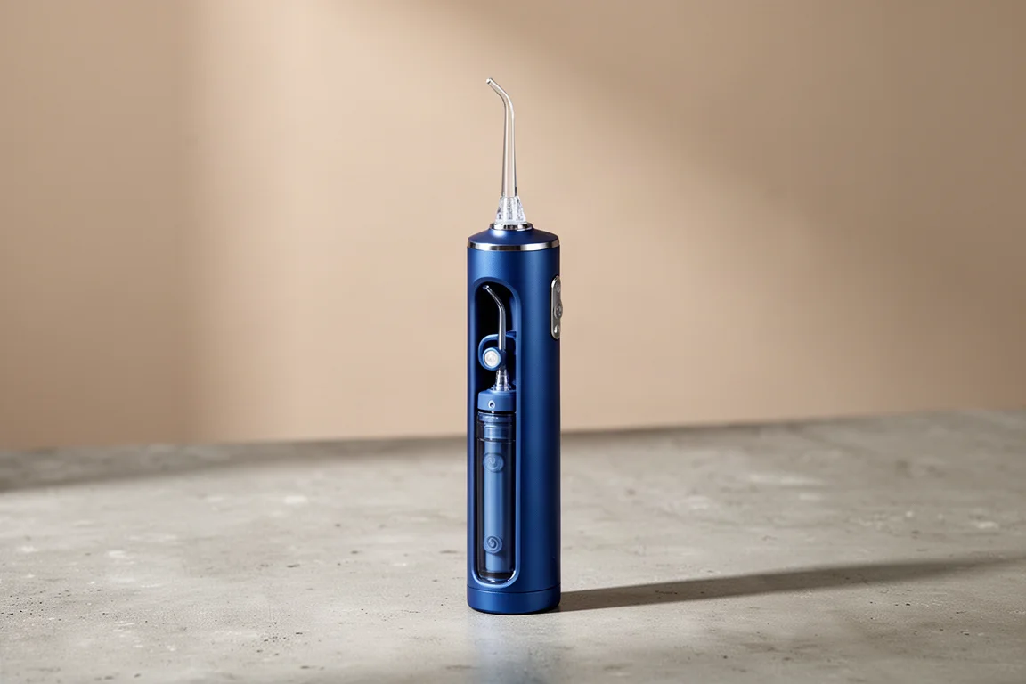 藍色 Philips Sonicare 1000 輕巧水牙線機直立於水泥地面上
