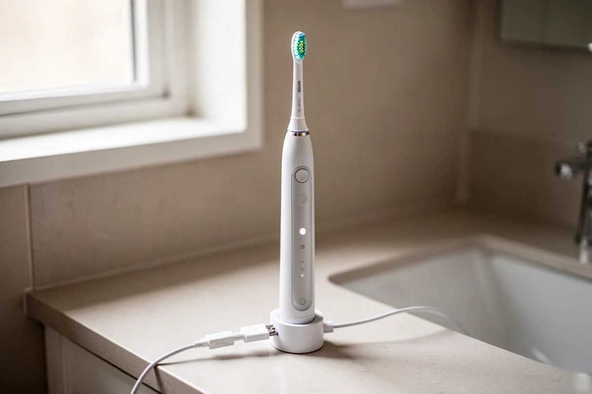電動牙刷連接充電線至底座
