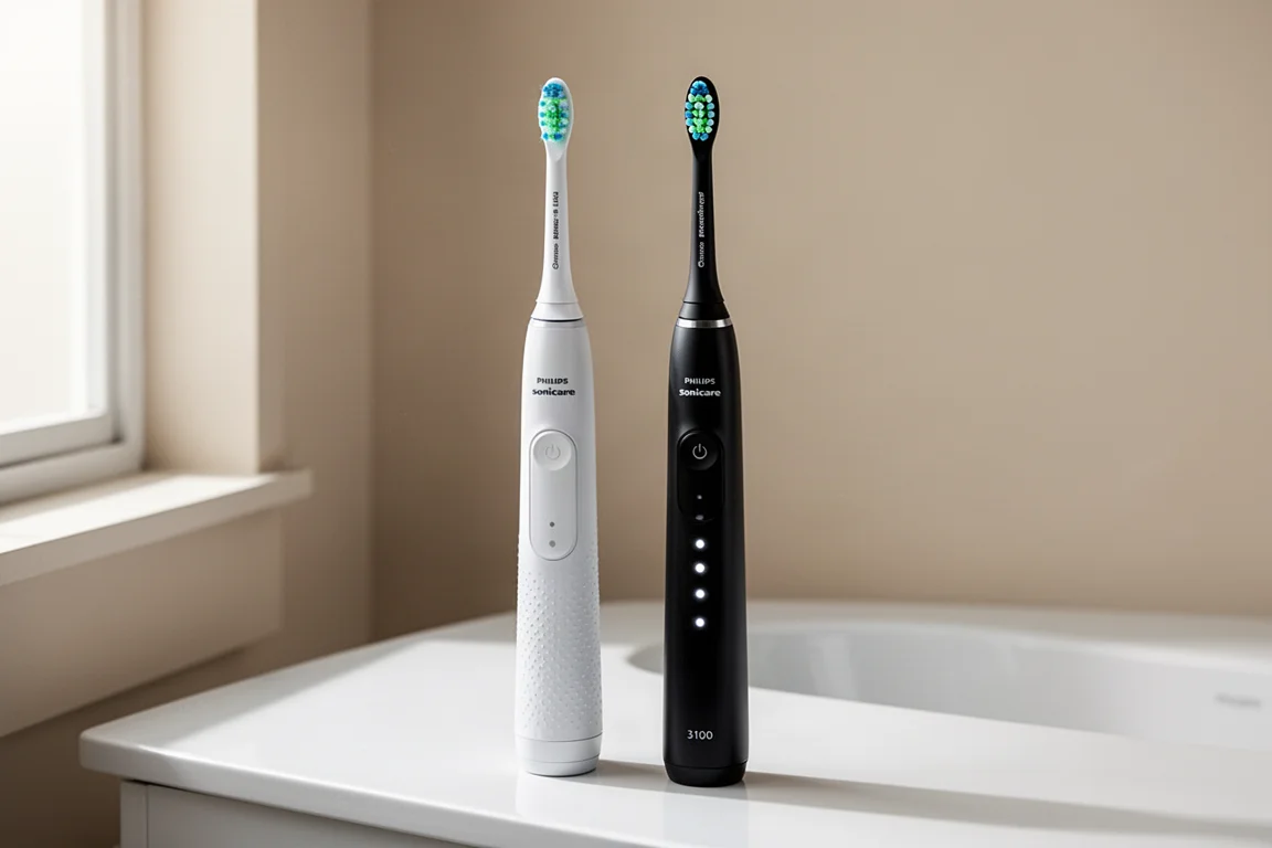 Philips Sonicare 1100 和 3100 電動牙刷立在浴室洗手台上