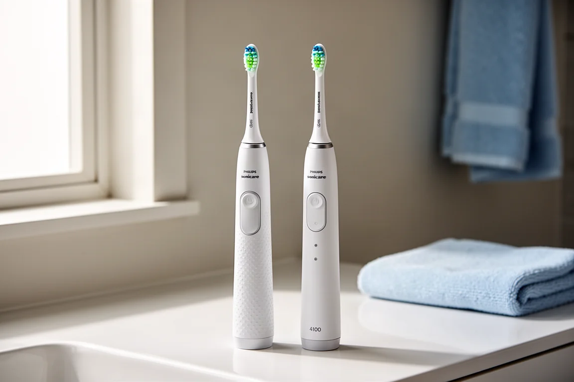 Philips Sonicare 2100 和 4100 電動牙刷並排放在浴室洗手台上