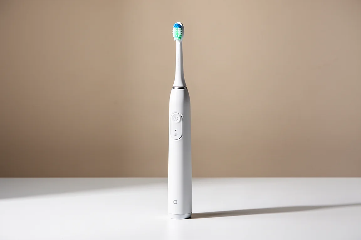 Philips Sonicare 2100 and 4100 electric toothbrushes standing side by side on a bathroom counter
