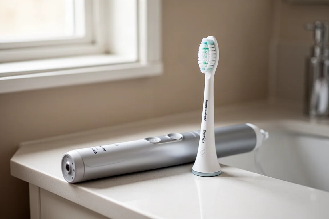 Philips Sonicare 5300 握把與白色橢圓形刷頭的特寫,置於浴室洗手台上