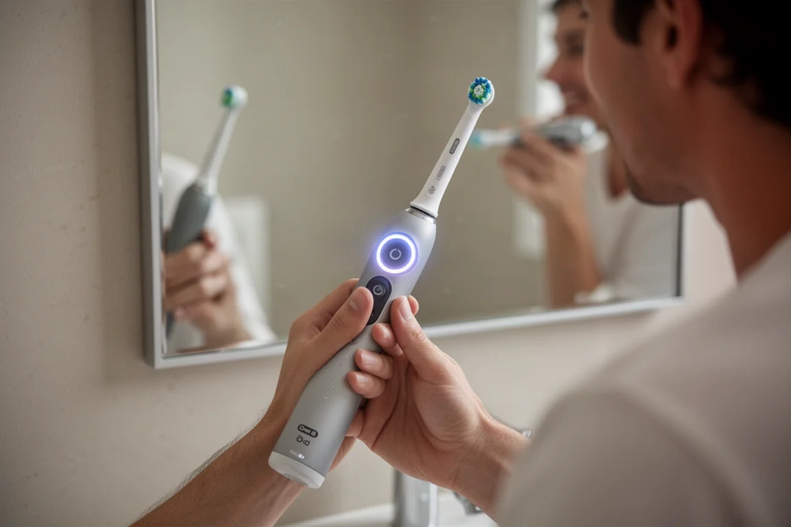 一個人站在鏡子前使用 Oral-B iO Series 3 刷牙,壓力感應燈清晰可見
