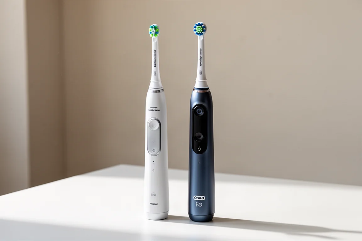 Philips Sonicare 5300 與 Oral-B iO Series 3 電動牙刷並排放在白色表面上