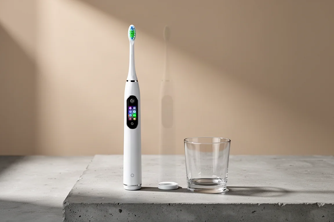 Philips Sonicare DiamondClean 9900 Prestige 電動牙刷搭配玻璃充電杯，置於水泥表面上