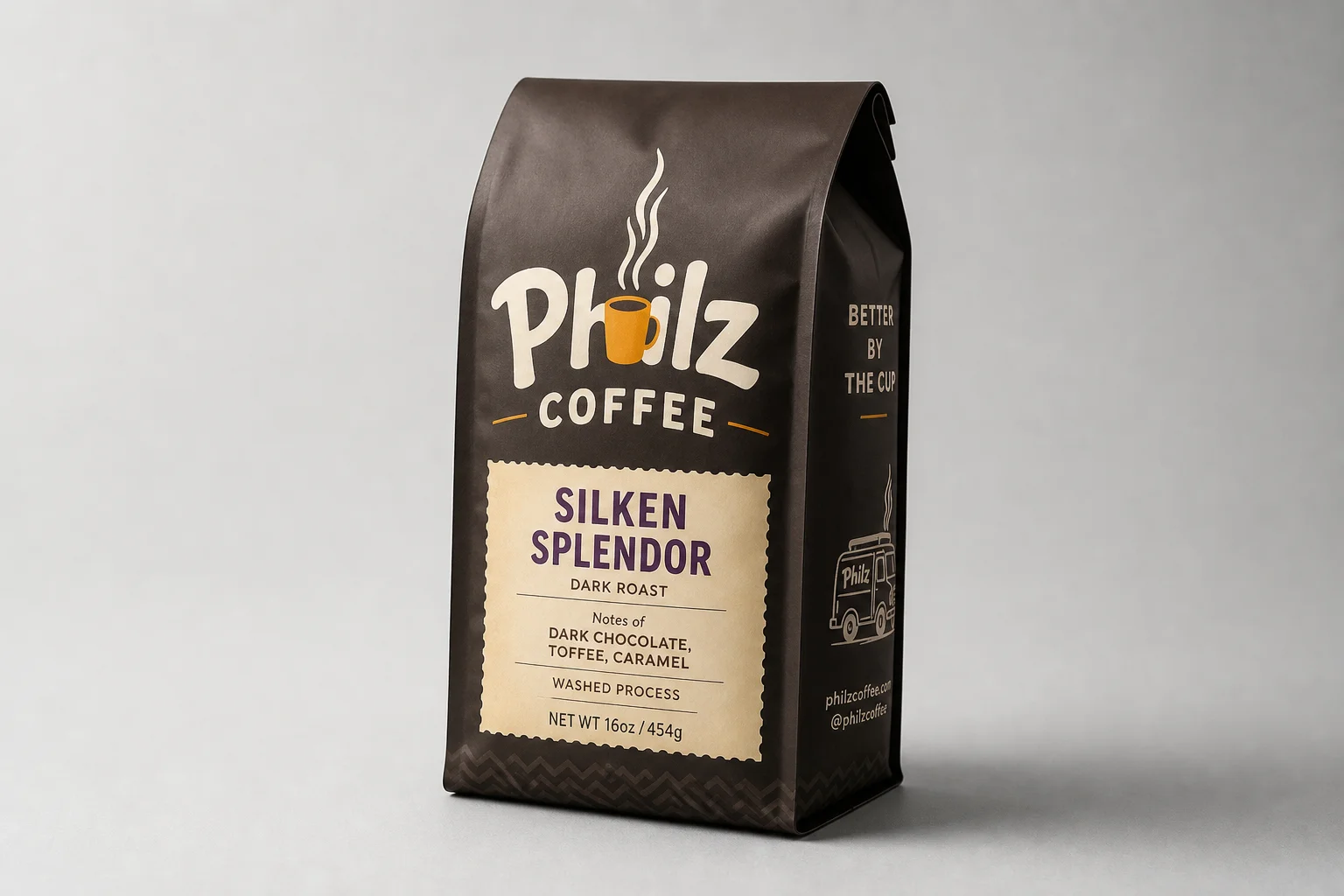 Five grocery store coffee brand bags arranged on concrete surface