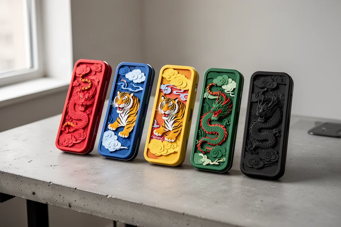 Decorative pencil boxes with layered Chinese-style paper artwork on a desk