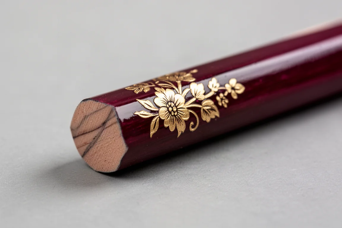 Close-up of a colored pencil barrel with gold detailing near the end cap