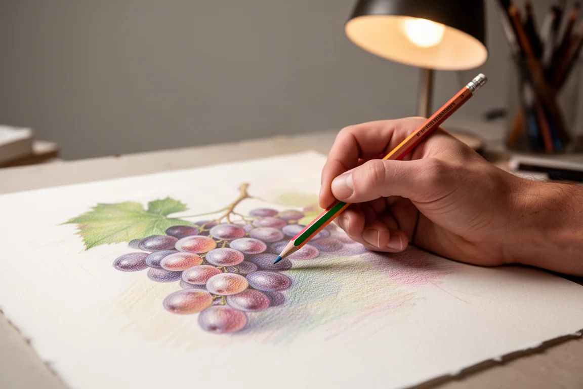 Botanical artist laying down light color layers on textured paper