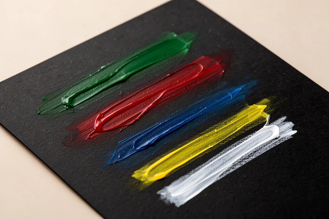 Pigment swatches on dark paper showing opacity differences