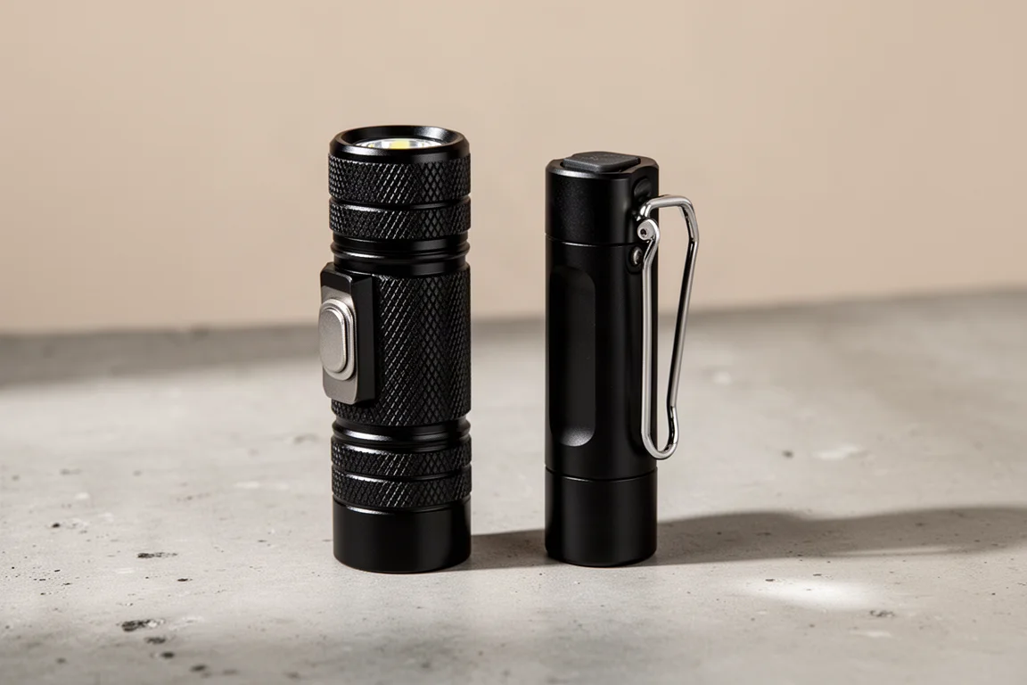 Le torce Phoenix E18R versione 2 e Olight Baton 3 affiancate su una superficie di cemento