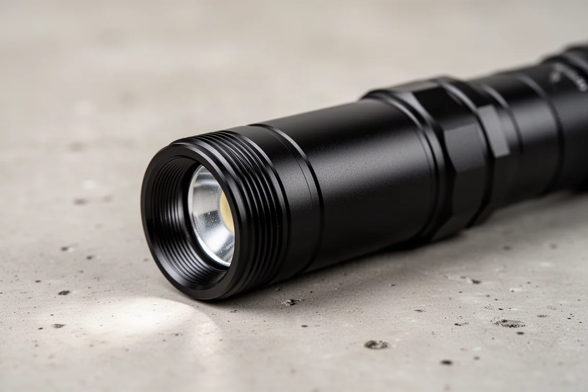 Svart cylindrisk ficklampa som ligger på ett bord och visar slät anodiserad yta