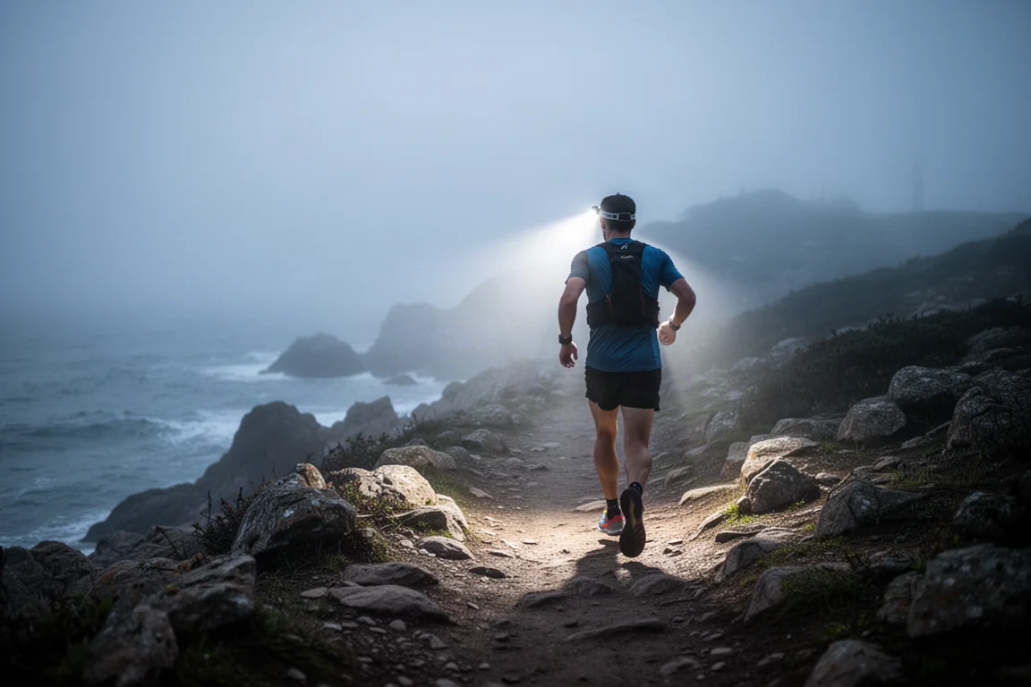 Trail runner on a dark coastal path at dusk with a head torch beam cutting through mist