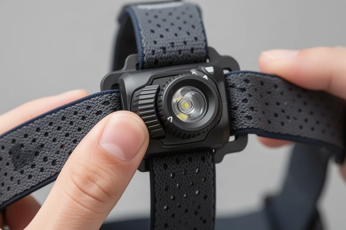 Close-up of a head torch strap adjustment wheel being turned between thumb and finger