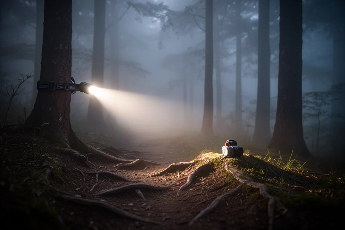 Head torch casting a warm white beam onto a foggy trail at night