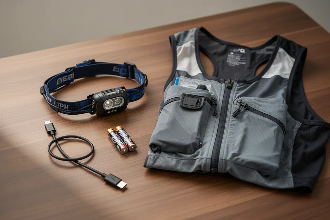 Compact head torch resting on a race vest alongside other running kit on a wooden surface