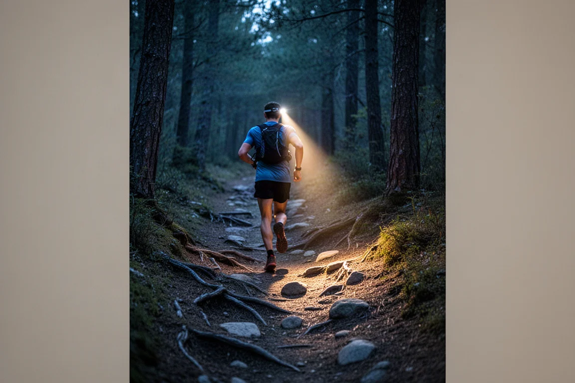 Trailrunner met een hoofdlamp op een schemerig bos pad in de avond
